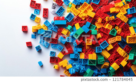 Lego blocks in an array of bright colors. scattered across a white backdrop. colorful toy bricks. AI Generated. 121784045