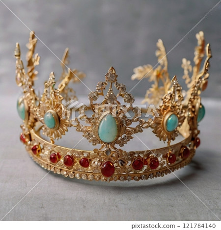 Ornate golden crown with gemstones on soft background. Ornate golden crown with gemstones on soft background. 121784140
