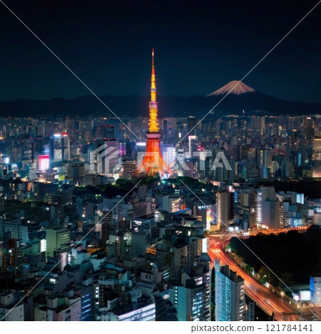 Tokyo cityscape at night with Tokyo Tower and Mount Fuji in the background.  121784141