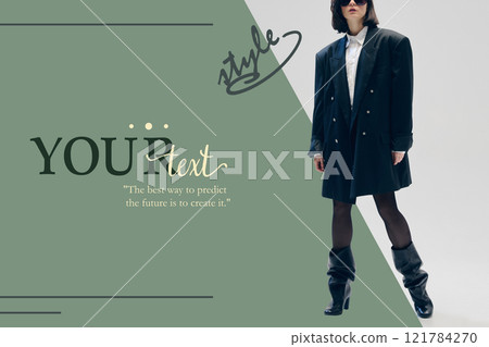 Confident woman in oversized black blazer paired with boots, showcasing bold and powerful fashion statement, ideal for banners and ads. 121784270