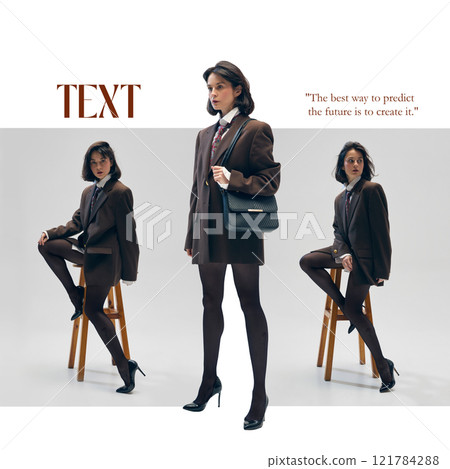 The same female model in brown oversized jacket, heels and tights, captured in three poses on a minimalist background with text elements The same female model in brown oversized jacket, heels and tights, captured in three poses on a minimalist background with text elements 121784288