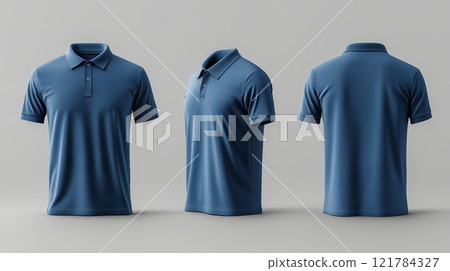 Display of a plain blue polo shirt from multiple angles and perspectives 121784327