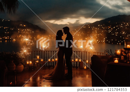 Romantic couple embraces during sunset near a lake with sparkling lights 121784353