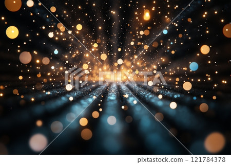 Twinkling lights and shimmering drops create a magical atmosphere on a darkened surface. Generative AI 121784378