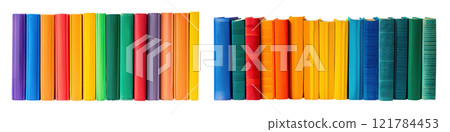 Set of isolated mockup book spines with blank cover on a transparent background in classic old style, colorful vibrant colors, side view. 121784453