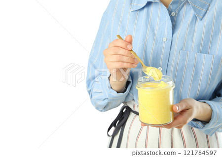 PNG, Lemon curd, lemon with cream in a glass, transparent jar, isolated on a white background. PNG, Lemon curd, lemon with cream in a glass, transparent jar, isolated on a white background. 121784597