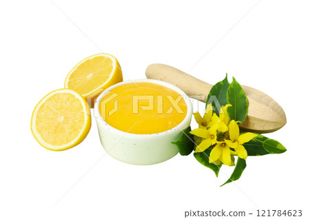 PNG, Lemon curd, cream in ceramic white bowl, isolated on white background. 121784623
