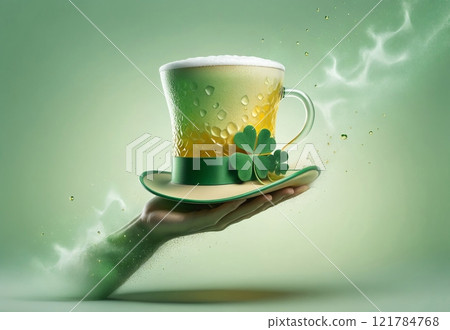 hand and glass of beer with foam and leprechaun hat on green background 121784768