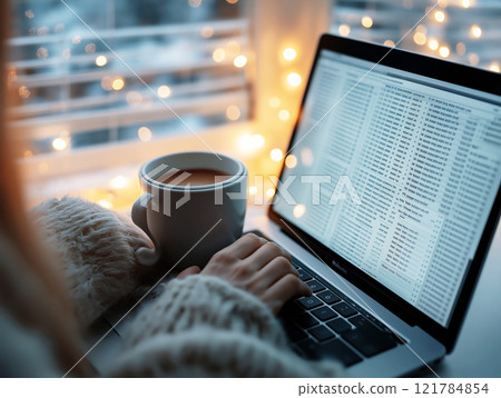 A cozy scene of a person using a laptop with a coffee cup by a window adorned A cozy scene of a person using a laptop with a coffee cup by a window adorned 121784854