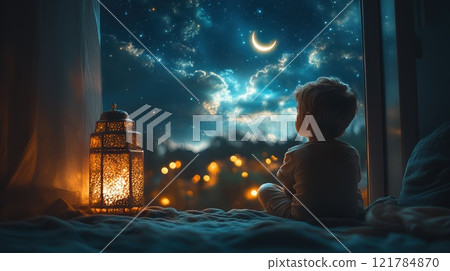 a boy is sitting on a bed near an open window and looking at the crescent moon, on the windowsill there is a traditional Ramadan lantern 121784870