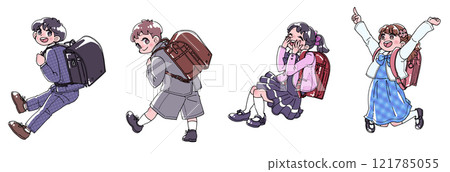 Illustration set of smiling elementary school students carrying school bags 121785055