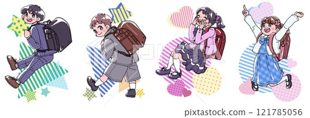 Illustration set of smiling elementary school students carrying school bags 121785056