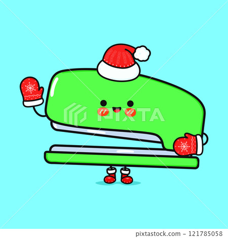 Funny smiling happy Stapler christmas. Vector flat cartoon character illustration icon design. Isolated on blue background Funny smiling happy Stapler christmas. Vector flat cartoon character illustration icon design. Isolated on blue background 121785058