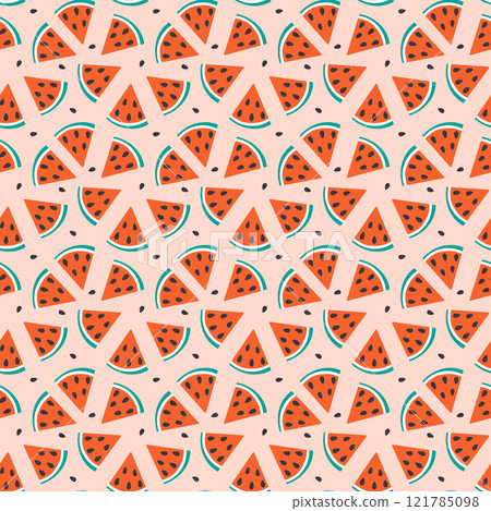 Triangular Watermelon slices with seeds Seamless Pattern in trendy soft red. Summertime background 121785098
