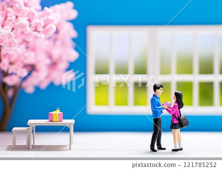 A miniature couple giving a present and a cherry blossom tree 121785252
