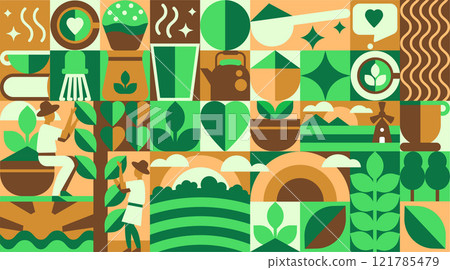 Matcha and Green Tea Pattern with minimalist icons, symbols, and forms. A Geometric Bauhaus Journey from Field to Cup in Abstract Vector Illustration Matcha and Green Tea Pattern with minimalist icons, symbols, and forms. A Geometric Bauhaus Journey from Field to Cup in Abstract Vector Illustration 121785479
