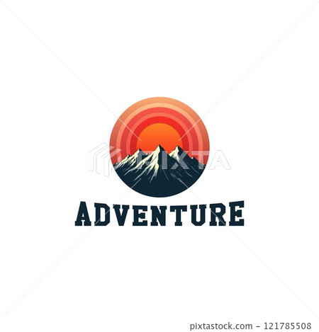 Mountain sunset logo for an adventure company. Adventure vintage retro style t-shirt logo design 121785508
