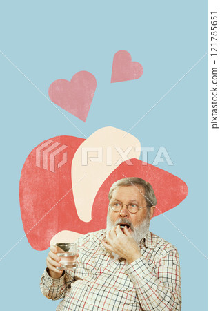 Elderly man holding water and pill with liver illustration and heart symbols. Represents liver health and well-being. Conceptual design. Elderly man holding water and pill with liver illustration and heart symbols. Represents liver health and well-being. Conceptual design. 121785651