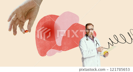 Doctor holding red pill near stylized liver illustration. Represents medical solutions and liver treatment with proper meds. Conceptual design. Doctor holding red pill near stylized liver illustration. Represents medical solutions and liver treatment with proper meds. Conceptual design. 121785653