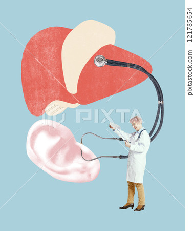 Creative medical art with stethoscope connecting liver and ear illustration, showcasing liver diagnostics. Conceptual design. 121785654