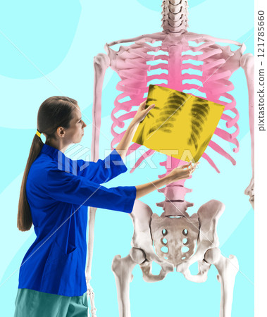 Female healthcare professional reviews yellow chest X-ray overlay on skeleton model, focusing on medical diagnostics. Conceptual design. 121785660