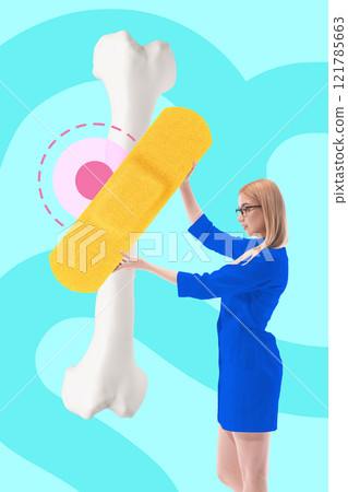 Healthcare professional applies large yellow plaster to white bone model, emphasizing healing and orthopedic care. Conceptual design. Healthcare professional applies large yellow plaster to white bone model, emphasizing healing and orthopedic care. Conceptual design. 121785663