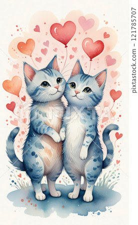 Cartoon cute cats in love on a background of flying hearts 121785707