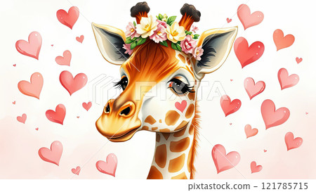 Lovers cartoon cute giraffe on the background of flying hearts Lovers cartoon cute giraffe on the background of flying hearts 121785715
