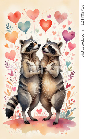 Cartoon cute raccoons in love on a background of flying hearts Cartoon cute raccoons in love on a background of flying hearts 121785716
