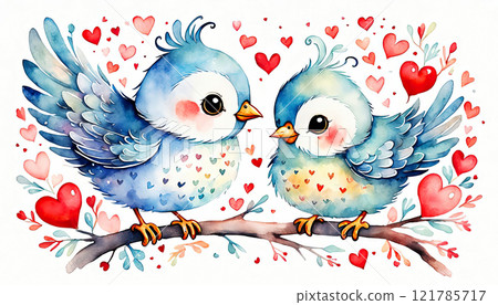 Cartoon cute birds in love on a background of flying hearts Cartoon cute birds in love on a background of flying hearts 121785717