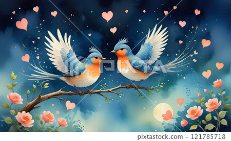 Cartoon cute birds in love on a background of flying hearts Cartoon cute birds in love on a background of flying hearts 121785718