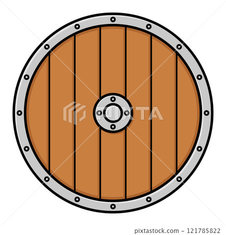 wooden round shield, cartoon color vector cartoon illustration, isolated on white wooden round shield, cartoon color vector cartoon illustration, isolated on white 121785822