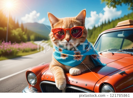 cute cat with a charming face, sitting behind the wheel of a stylish retro car of a bright color. 121785861