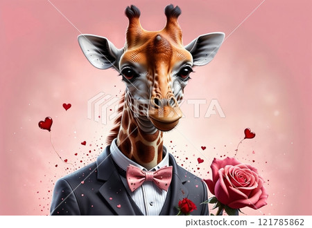 Valentine's Day card. Cute giraffe in a suit with a rose 121785862
