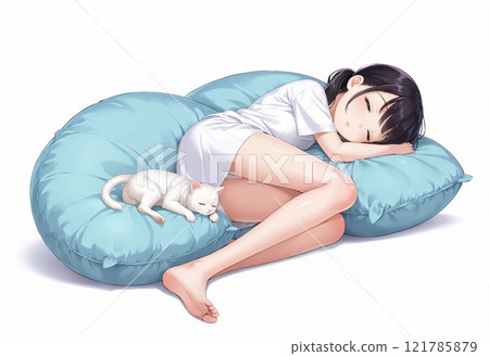 Girl sleeping on a pillow with a cat, on a white background 121785879