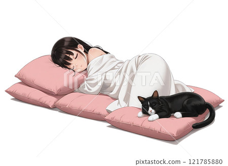 Girl sleeping on a pillow with a cat, on a white background 121785880