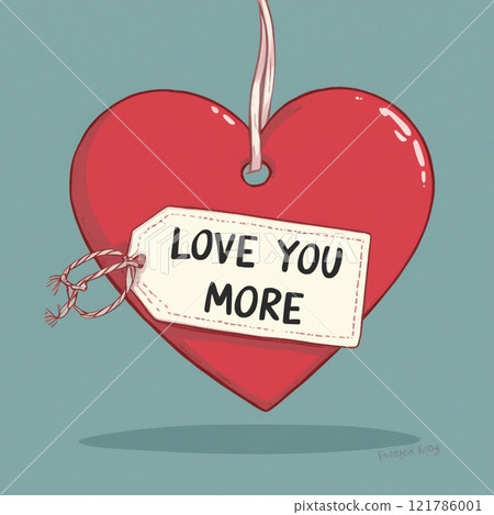Red heart with "Love You More" tag on blue background.  121786001