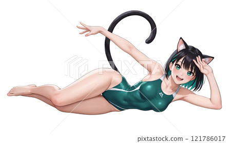 A girl with cat ears and a tail poses in a swimsuit on a white background.  121786017