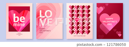 Heart background for Valentines day, vector set. Love pattern with overlay gradient hearts. Geometric romance minimal banner. Modern abstract valentine art in pink, light red color 121786050