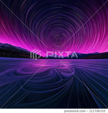 Vibrant star trails painting the sky above frozen lake and mountains. Aurora and the stars swirl in circular patterns Vibrant star trails painting the sky above frozen lake and mountains. Aurora and the stars swirl in circular patterns 121786103
