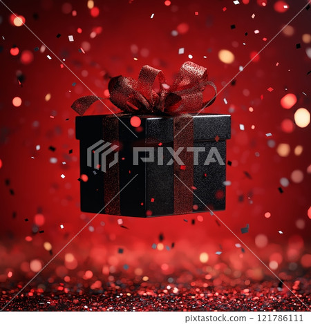 Black gift box floating on red glitter with falling confetti Black gift box floating on red glitter with falling confetti 121786111