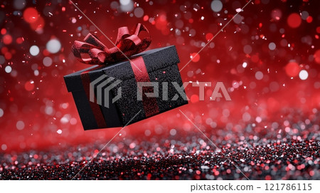Black gift box floating on red glitter with falling confetti 121786115