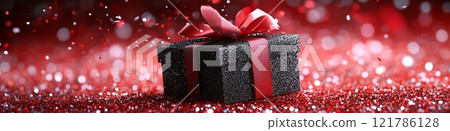 Black gift box floating on red glitter with falling confetti Black gift box floating on red glitter with falling confetti 121786128
