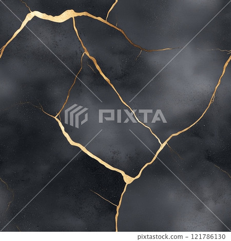 Golden cracks repairing black marble surface, showing resilience and beauty. Seamless black and golde marble pattern 121786130