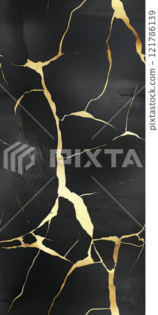 Golden cracks repairing black marble surface, showing resilience and beauty. Seamless black and golde marble pattern 121786139