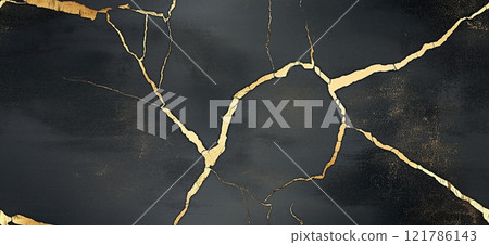 Golden cracks repairing black marble surface, showing resilience and beauty. Seamless black and golde marble pattern 121786143