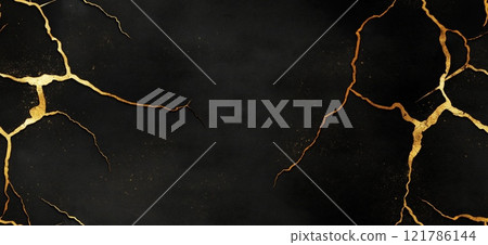 Golden cracks repairing black marble surface, showing resilience and beauty. Seamless black and golde marble pattern Golden cracks repairing black marble surface, showing resilience and beauty. Seamless black and golde marble pattern 121786144