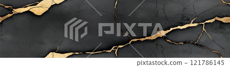 Golden cracks repairing black marble surface, showing resilience and beauty. Seamless black and golde marble pattern 121786145