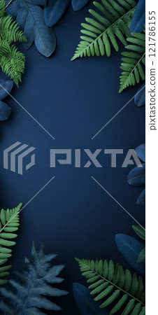Green fern leaves bordering dark blue background creating copy space 121786155