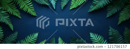 Green fern leaves bordering dark blue background creating copy space 121786157